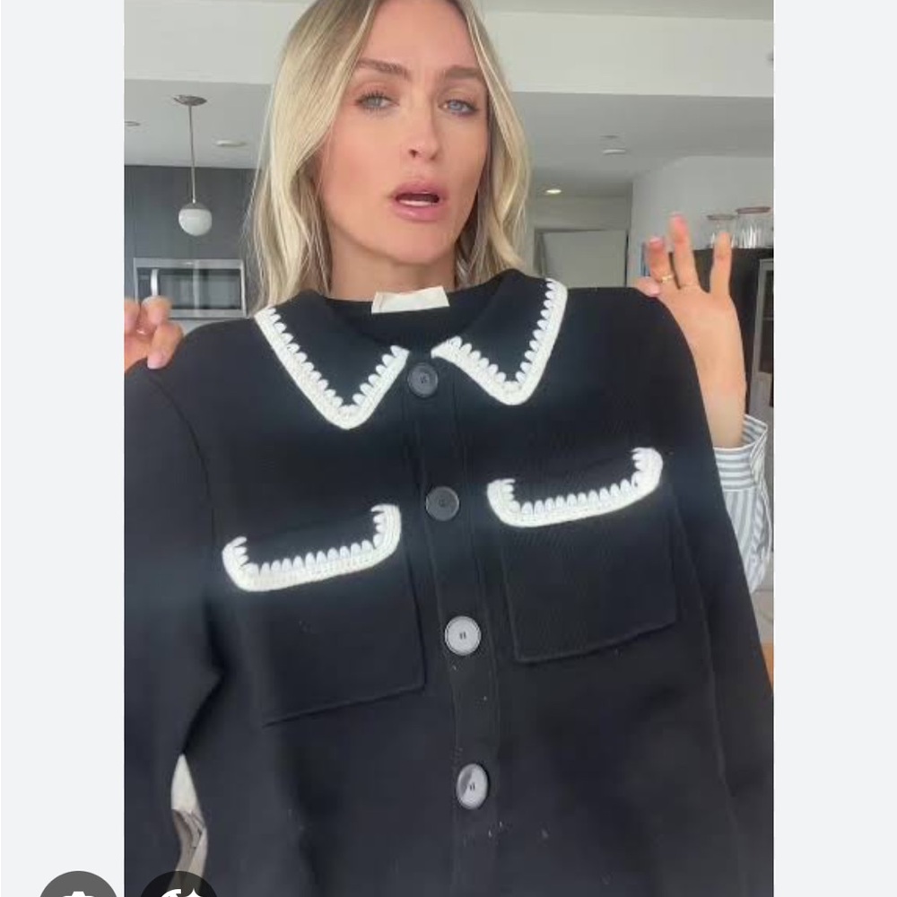 Sezane Betty Crocheted Cardigan Black with White Trim